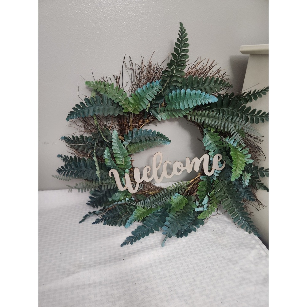 Faux Fern Leaf Welcome Wreath Green Foliage Twig Base Wall Door Decor
